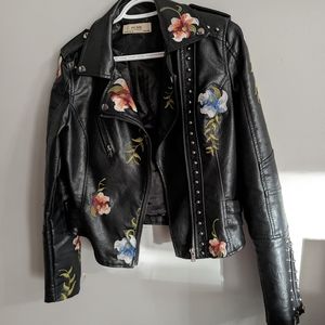 Vegan leather embroidered moto jacket - S